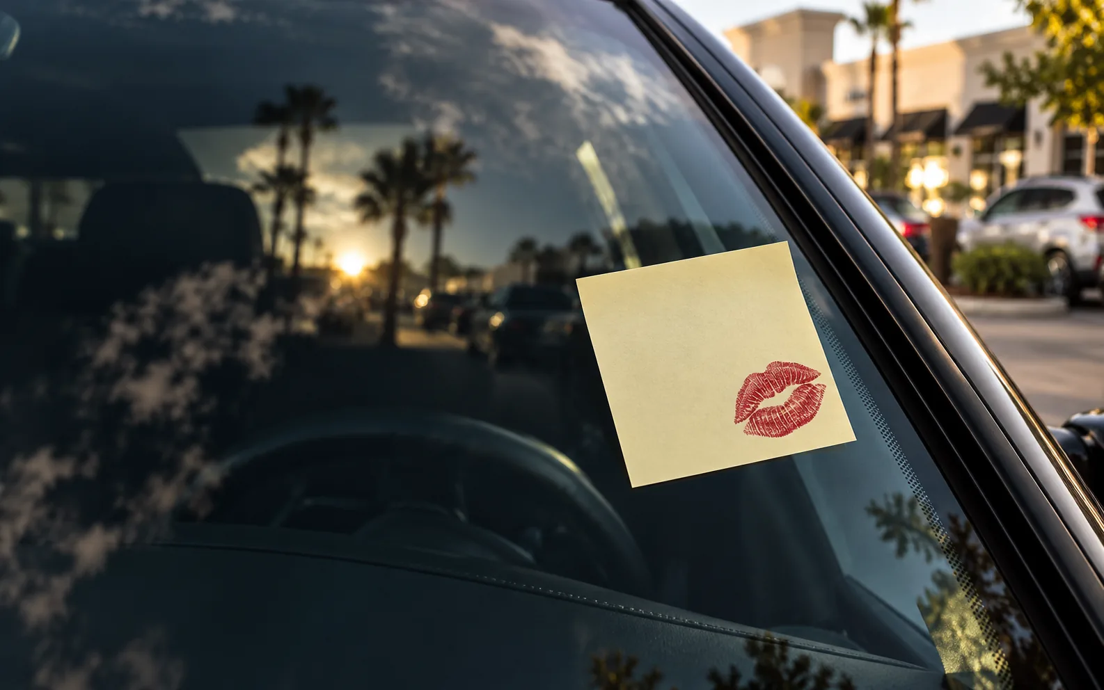 Post-it amarillo con una marca de beso rojo colocado en un parabrisas